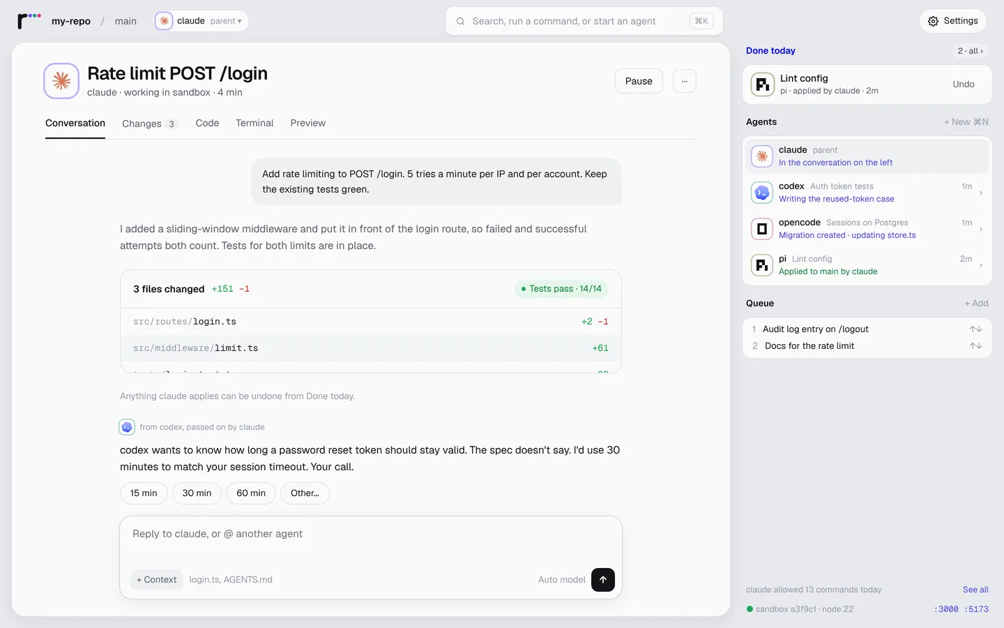 The Rig app: one parent agent leading Codex, opencode and pi, with changes checked before they land